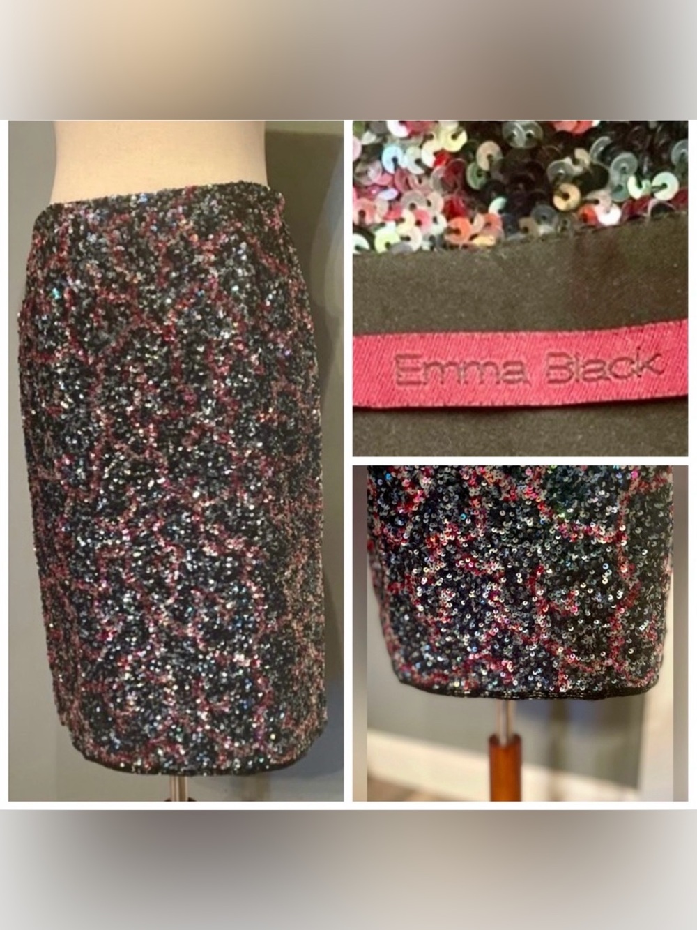 Emma Black Vintage Silk Sequin Skirt